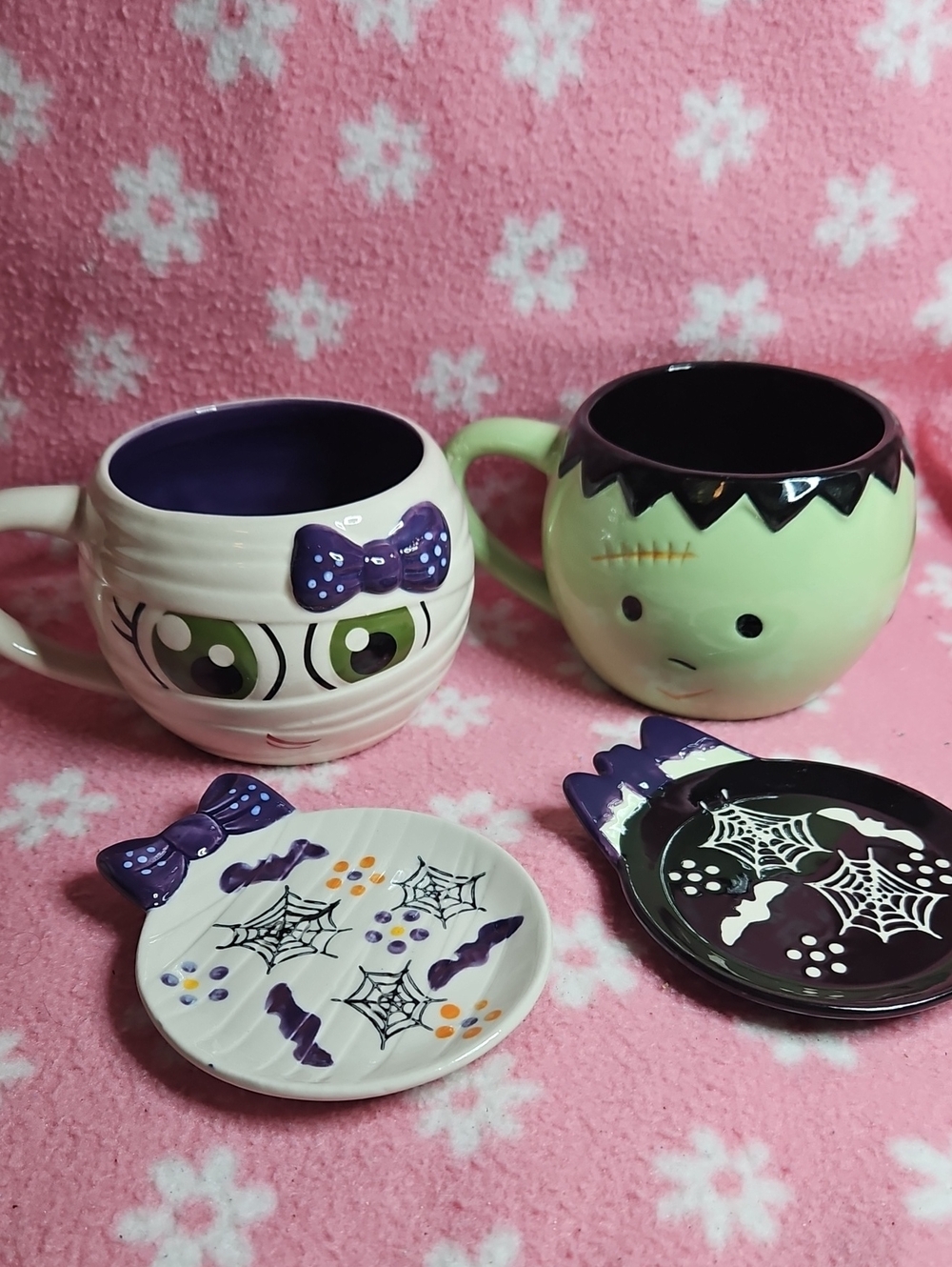 Temptations Halloween Character Mugs and Saucer Dishes - Purple, Light Green